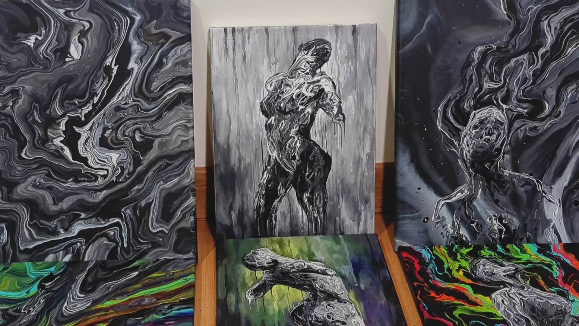 Load video: Sweeping shots of the original acrylic paintings on canvas featured in Julia Stroud&#39;s latest collection: Flow.